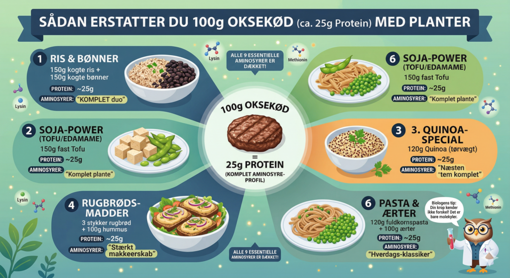 Infografik fra DanskPlantemad.dk der viser 6 måder at erstatte 100g kød med plantemad som ris og bønner, tofu, quinoa, rugbrød med hummus, linser og pasta med ærter for at få 25g komplet protein.