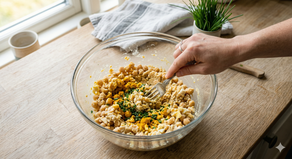 AI-genereret tæt på-billede af kogte kikærter, der moses groft med en gaffel i en glasskål. Der er drysset gul gurkemeje og hakket purløg over, hvilket illustrerer processen med at skabe en vegansk æggesalat med den rette konsistens.
