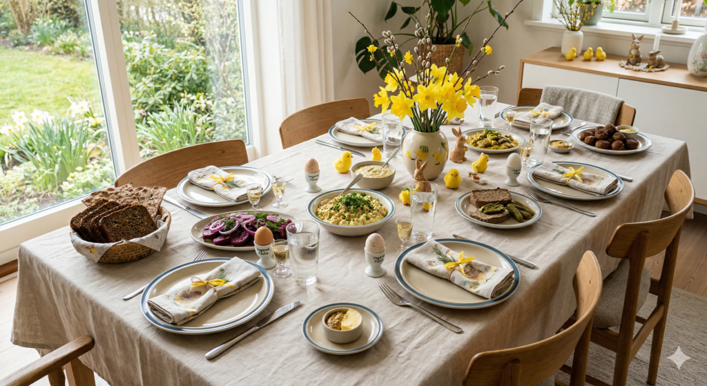 AI-genereret foto af et dækket dansk påskebord til 6 personer. Bordet er pyntet med gule påskeliljer, påskekyllinger og rugbrød. I midten står en skål vegansk kikærtesalat (æggesalat). Hver plads har påskeservietter, ølglas og snapseglas i lyst nordisk dagslys.